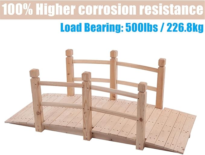 LEEXCCOS Higher Quality & Stronger Wooden Garden Bridge for Outdoors 5ft, More Durable Landscape Arch with Safety Railsm, 500lbs Capacity Decorative Pond Bridge (Natural Wood)