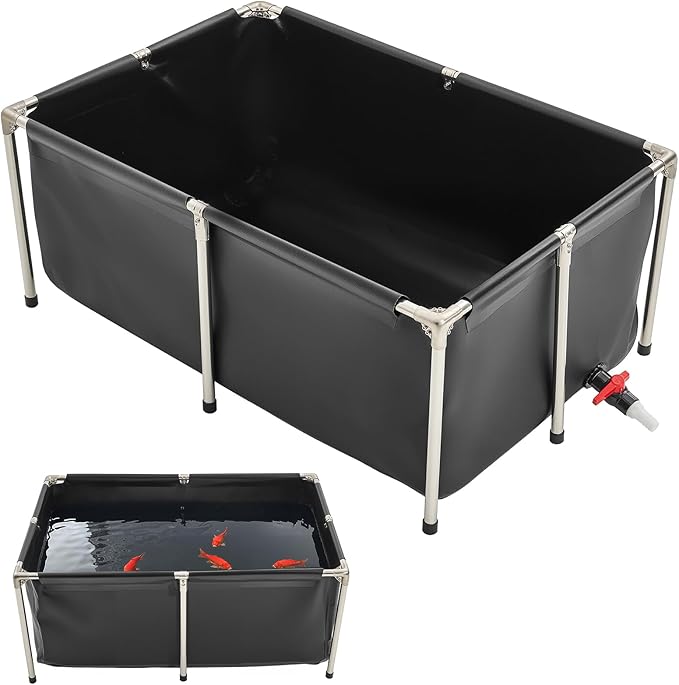 VEVOR Canvas Fish Pond, 126.8 Gal Above Ground Fish Pond, Foldable PVC Koi Tank, Rectangular Goldfish Tank with Stable Frame and Drain Valve, for Aquaculture, Koi Breeding, and Irrigation (Black)