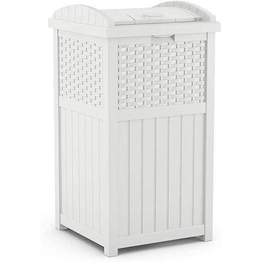 Suncast Wicker Plastic Outdoor Hideaway 33 Gallon Trash Can Bin with Latching Lid for Backyard, Deck, or Patio Use, White (2 Pack)