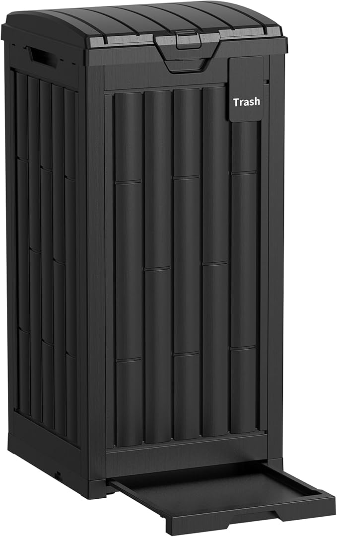 Outdoor Trash Can, 30 Gallon Garbage Can with Tiered Lid and Drip Tray, Waterproof Resin Waste Bin for Patio, Garden, Backyard, Deck, Black