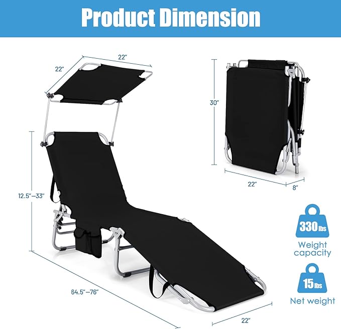 GYMAX Tanning Chair, Beach Lounge Chair with Canopy Sunshade, Carry Handle & Pocket, 5 Level Adjustable Layout Chaise Lounge for Outside, Folding Sunbath Chair for Outdoor, Patio, Poolside (2, Black)