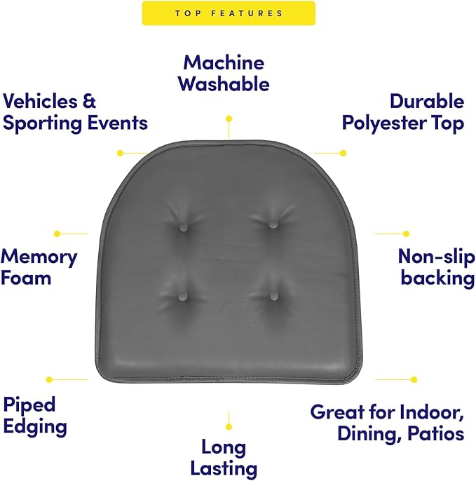 Sweet Home Collection Chair Cushion Memory Foam Pads Tufted Slip Non Skid Rubber Back U-Shaped 17" x 16" Seat Cover, 4 Count (Pack of 1), Faux Leather Gray