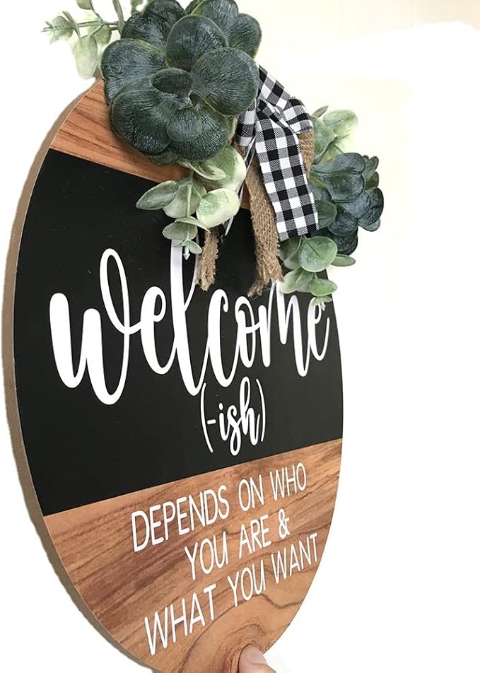 Welcome Sign Front for Door Decoration, 12 in Round Wood Wreaths Wall Hanging Outdoor, Farmhouse, Porch, for Spring Summer Fall All Seasons Holiday Christmas