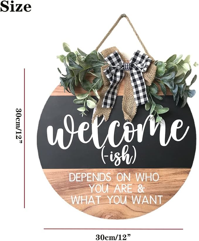 Welcome Sign Front for Door Decoration, 12 in Round Wood Wreaths Wall Hanging Outdoor, Farmhouse, Porch, for Spring Summer Fall All Seasons Holiday Christmas