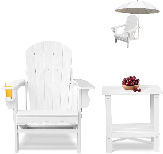 Folding Adirondack Chairs with Side Table, White Adirondack Chairs Weather Resistant, Outdoor Fire Pit Chairs for Patio Garden and Deck