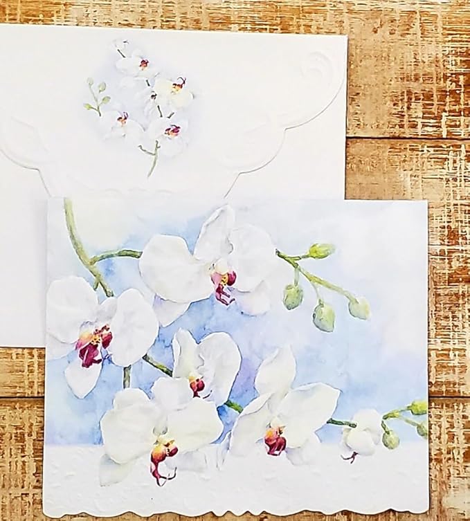 Poster Foundry White Orchid Portfolio Boxed Note Cards by Carol Wilson. 10 embossed 4x5 Die-Cut Notecards and Matching Envelopes in Decorative Gift Box with Magnetic Flap. NCP2213