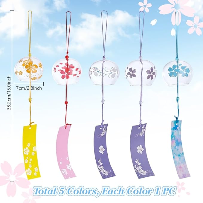 PH PandaHall 5 Colors Japanese Wind Chimes Flower Chime Vintage Style Glass Wind Bells Creative Hanging Pendants Romantic Wind Bells for Home Dector Housewarming, 20 inch Long