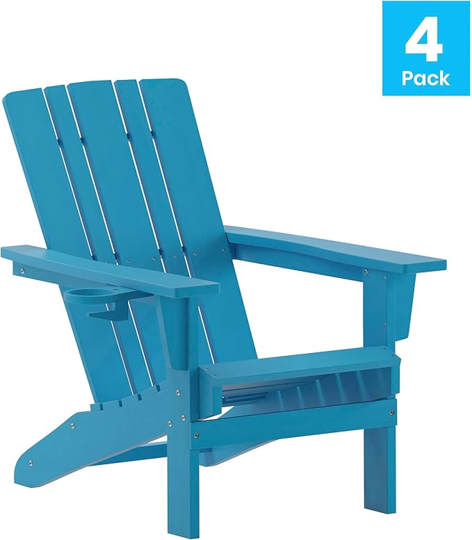 Flash Furniture Halifax Adirondack Chairs with Cup Holders, Weather Resistant Poly Resin Adirondack Chairs, Set of 4, Blue