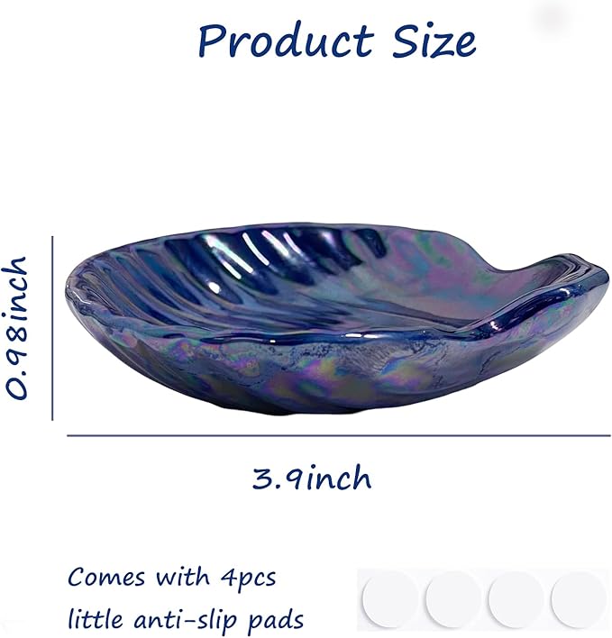 Shell Jewelry Holder Dish, Ceramic Seashell Trinket Dish for Women, Cute Room Decor Jewelry Plates for Earrings Ring, Birthday Mother's Day Christmas Gift for Women 3.9", Indigo Iridescent Surface