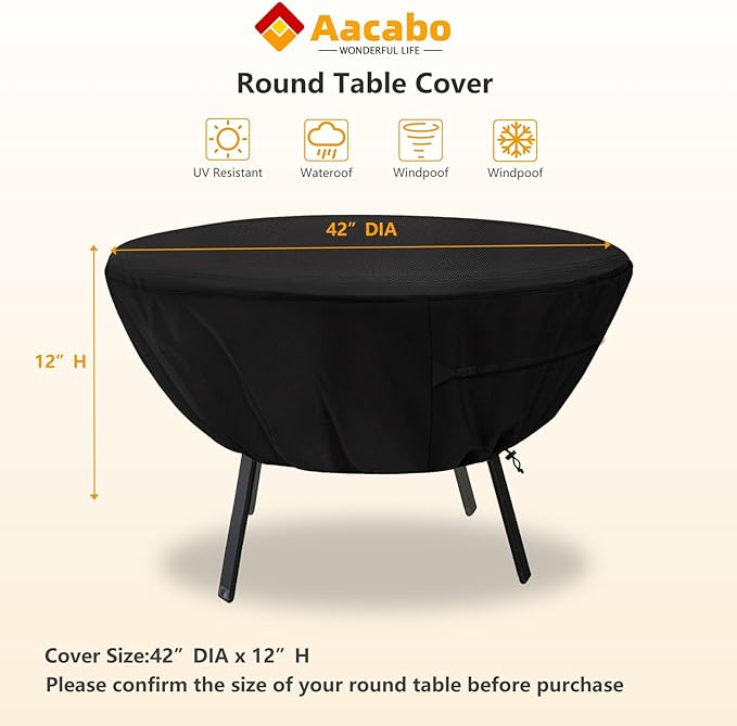 Round Patio Table Cover,Suitable for 42 Inch Diameter Patio Round Table,Waterproof Heavy Duty Round Outdoor Coffee Table Cover,Black