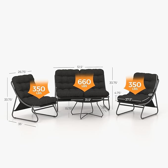 Grand patio Outdoor & Indoor 4-Piece Conversation Set E-Coated Patio Furniture, Removable Padded Olefin Cushion, Deluxe Enlarged Seat, Coffee Table, Charcoal Grey