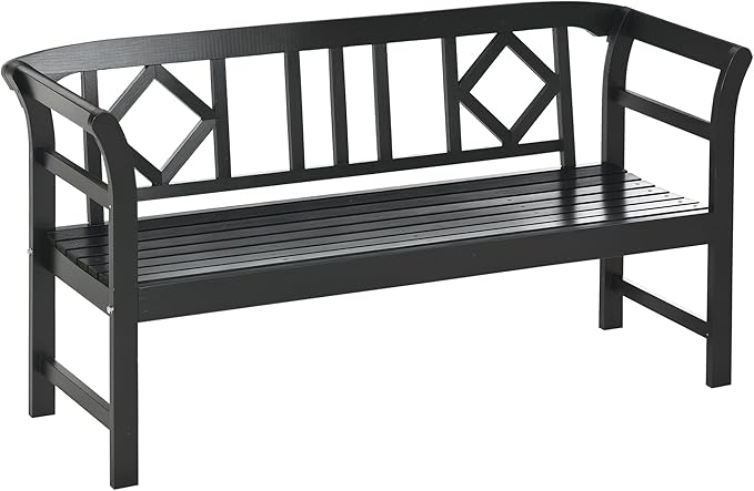 Outsunny Wooden Patio Bench, Outdoor Garden Bench with Backrest and Armrests, 3 Person Porch Bench with Rustic Country Diamond Pattern, Black