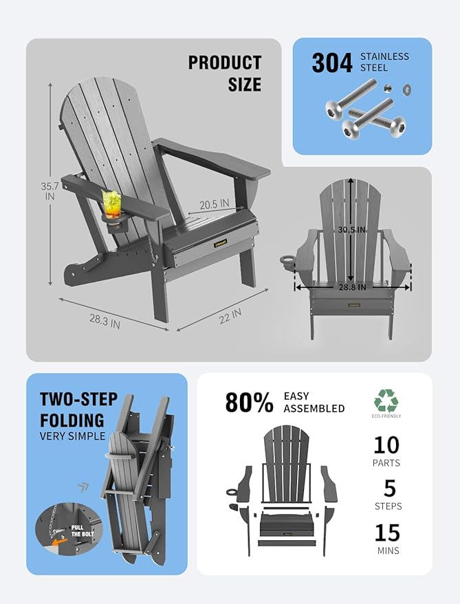 Carauci Plastic HDPE Adirondack Chair, Folding Adirondack Chair Weather Resistant with Cup Holder, Wooden Textured Fire Pit Outdoor Chair for Garden, Porch, Lawn, Backyard, Supports 380LBS, Grey