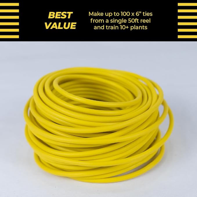 BudHuggers for Optimal Plant Training | 50ft (15M) | 3mm Thick Garden Wire Ties | Flexible & Durable | Rubber Plant Ties to Yield Bigger Buds, Stronger Branches & Larger Canopies (Yellow)