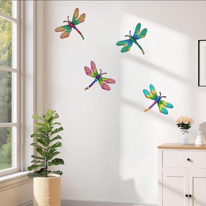 4 PCs Metal Dragonfly Wall Decor Art, Dragonflies Outdoor Wall Art with Colorful Leaves, Hand Painted Outdoor Decor for Garden Yard Fence Patio Outside Decoration