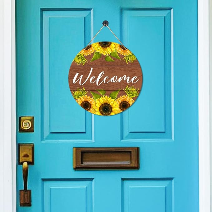 Muktoujaumai Welcome Sign Front Door Decor, Summer Welcome Round Hanging Sign Decor Farmhouse Sunflower Wall Decorations Wood Sign for Door, Porch, Home, Housewarming Gift for New House Friend Family