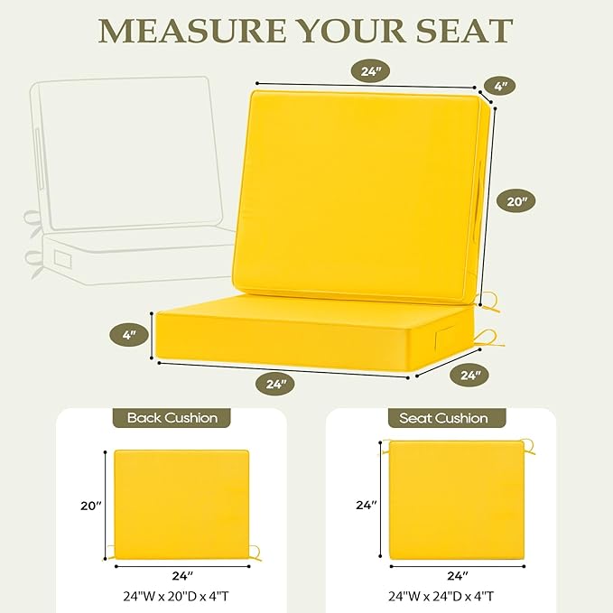 Wellsin Outdoor Cushions for Patio Furniture, Waterproof Outdoor Seat Cushions with Ties and Handle, Outdoor Cushions 24 X 24, Outdoor Deep Seat Cushions with Removable Cover, Yellow