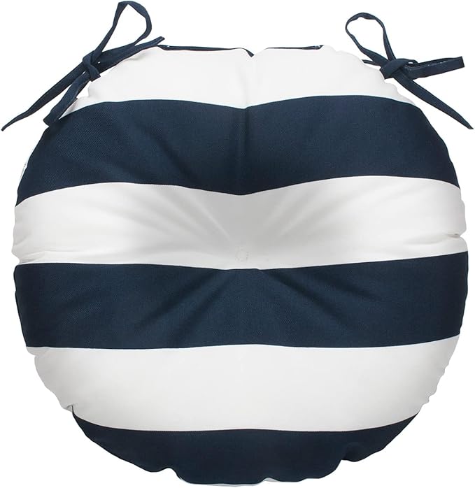 Magpie Fabrics Outdoor Round Bistro Seat Cushions with Ties, 15"x15"x4" Set of 2, Tufted Waterproof Barstool Chair Pads for Patio Home Garden Office, Navy White