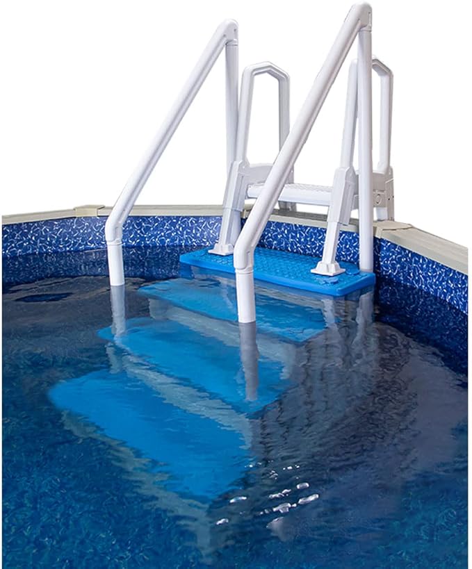 Aqua Select Anti-Slip in-Pool Steps with Outside Flip-Up Ladder | White/Blue Steps | for Above Ground Swimming Pools | Can Mount to Decks 48" to 54" H | Safety Stairs Capacity Up to 350 lbs