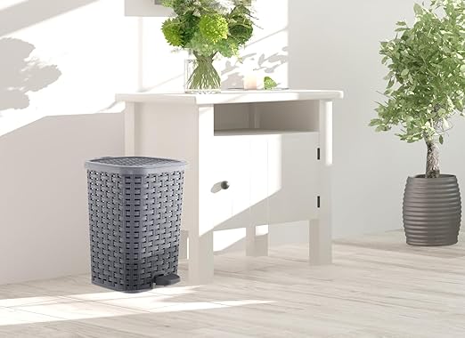 Superio Mini Trash Can with Foot Pedal Small Outdoor Garbage Can with Lid, 1.5 Gallon Plastic Waste Basket for Bathroom, Bedroom, Kitchen, Office, Patio (Wicker Grey 6 QT.)