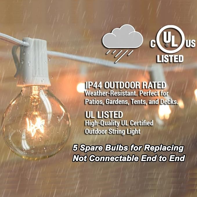 Abeja Outdoor String Light G40-100Ft with 105 Edison Glass Bulbs, 5W, E12 Socket Base, UL Listed Waterproof for Patio Lights Bars Party Decor, White