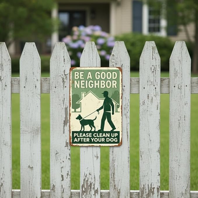 Polite Dog Poop Tin Sign - "Be A Good Neighbor Please Clean Up After Your Dog" Vintage Metal Yard Sign - 8x12 Aluminum Plaque for Lawn, Garden, HOA - Metal Sign Aesthetic Reminder