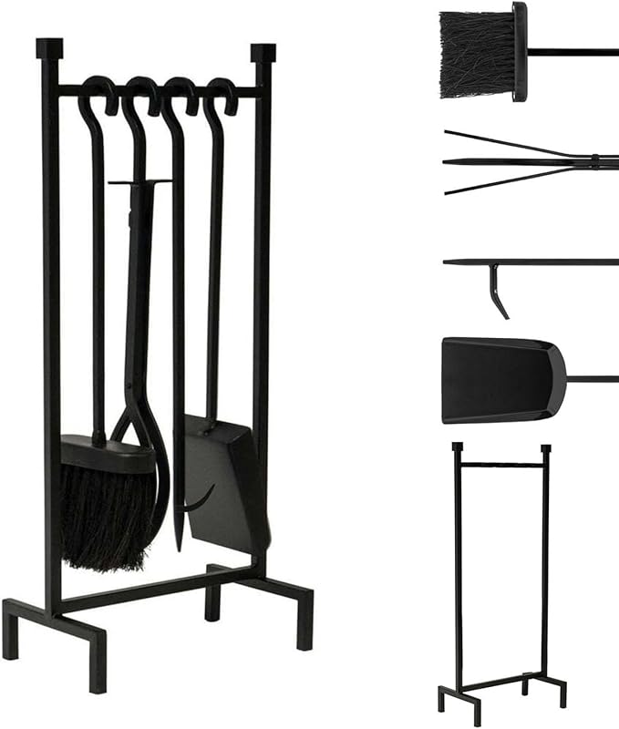 Heavy Duty Fireplace Tools Set Indoor with 31.5inch Holder - 23.6inch Extra Long Brush, Poker, Shovel & Hook - Premium Metal Fireplace Accessories Kit in Black or Bronze (Black)