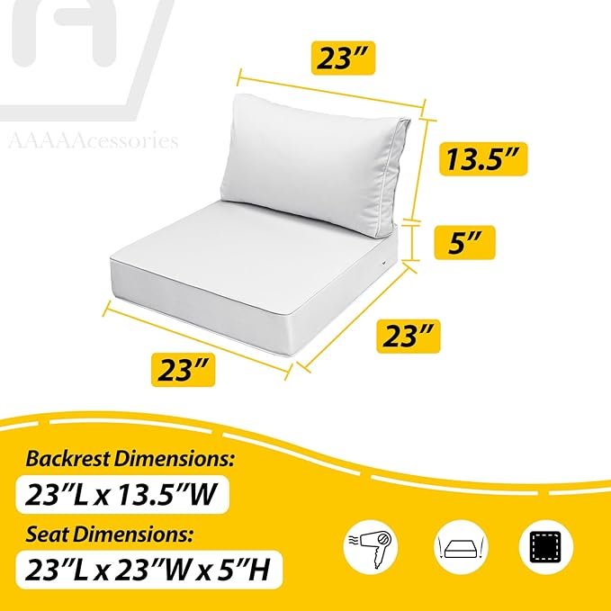AAAAAcessories Outdoor Seat Cushions for Chairs, Fade-Resistant, Waterproof Patio Furniture Replacement Cushions, 23" x 23" x 5" + 23" x 13.5", Creamy White