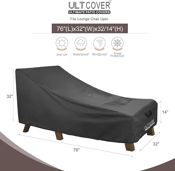 ULTCOVER Waterproof Patio Lounge Chair Cover Heavy Duty Outdoor Chaise Lounge Covers 2 Pack - 76L x 32W x 32H inch, Black