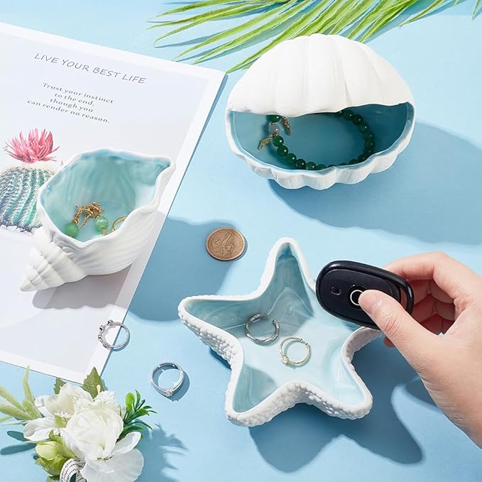 NBEADS Conch Shape Ceramic Jewelry Tray, Aqua Shell Trinket Dish Ceramic Ring Earring Holder Ocean-themed Decorative Trinket Plate for Rings Earrings Necklaces Bracelet Jewelry Watch Keys