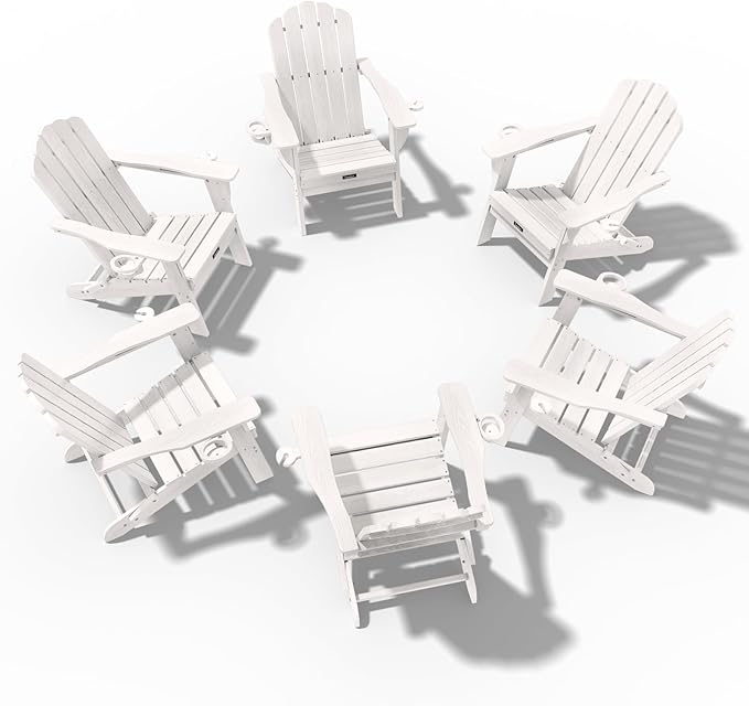 Adirondack Chairs Set of 6, HDPE Material Fire Pit Chairs, Plastic Adirondack Chairs with 2 Cup Holder, Outdoor Lawn Chair for Patio Garden,White