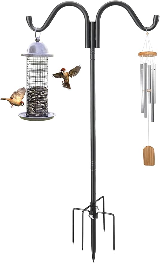 Double Shepherds Hooks for Outdoor, 94 Inch Adjustable Bird Feed Pole with 5 Prongs Base, Heavy Duty Shepherds Hook for Bird Feeder, Bird House, Light Plant, Wind Chime, Hummingbird Feeder, Lantern