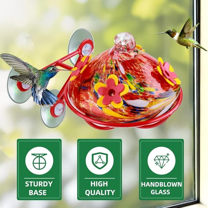 Window Hummingbird Feeder - Hand Blown Glass Mounted Hummingbird Feeder with Strong Suction Cups for Outdoor Window Mount (Red)