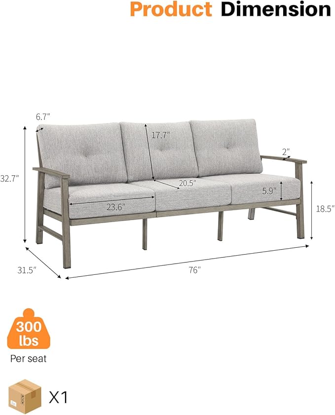 3 Seats Patio Furniture Sofa, Outdoor Aluminum Couch with 5.9'' Soft Cushion, 3-Seater All-Weather Outdoor Patio Furniture Sofa Couch for Balcony, Poolside, Lawn, Limed Oak