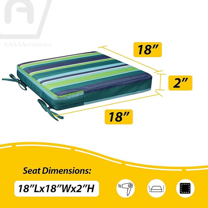 AAAAAcessories Outdoor Seat Cushions for Chairs, Waterproof, Fade-Resistant, 18" x 18" x 2", Patio Furniture Replacement Cushions, Set of 2, Ash Teal Seaside Stripe