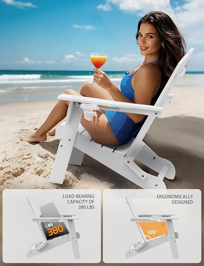 Folding Adirondack Chair, Wooden Textured Plastic Adirondack Chairs with 2 Cup Holder, Weather Resistant HDPE Fire Pit Chair, Outdoor Patio Chairs for Garden, Backyard, Lawn, Deck, 380LBS, White