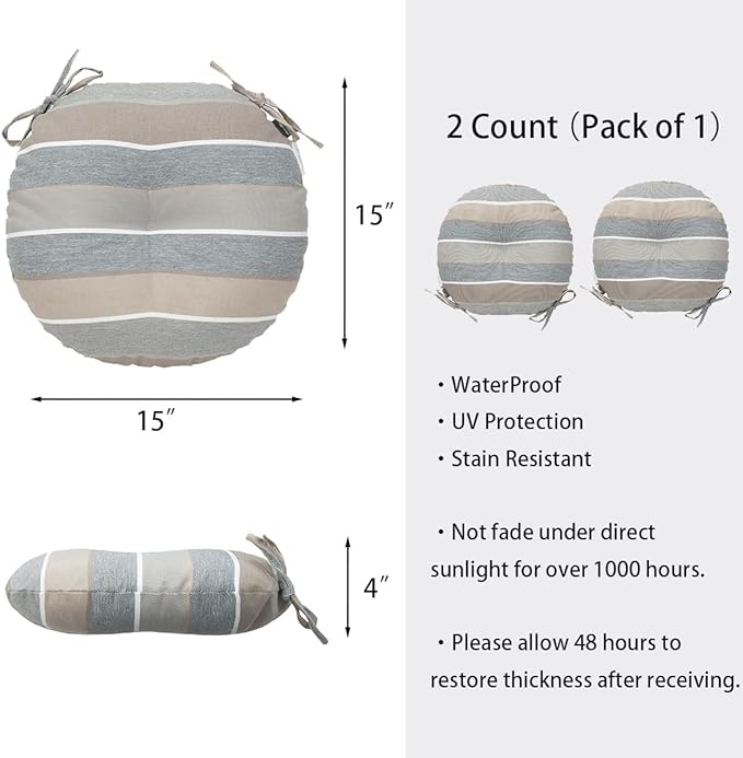 Bistro Chair Cushions 15 inch,Set of 2,Tufted Round Chair Cushions with Ties,15"x15"x4",Water Resistant Round Seat Cushion for Barstool Chairs,Patio Garden Kitchen Outdoor Furniture(Gray Stripe)