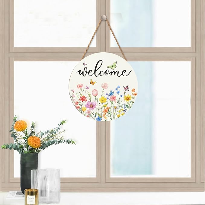 Spring Flowers Welcome Door Sign Colorful Floral Summer Door Hanger Home Decorations Spring Butterfly Wooden Hanging Sign Seasonal Farmhouse for Wall Porch 12x12 Inch