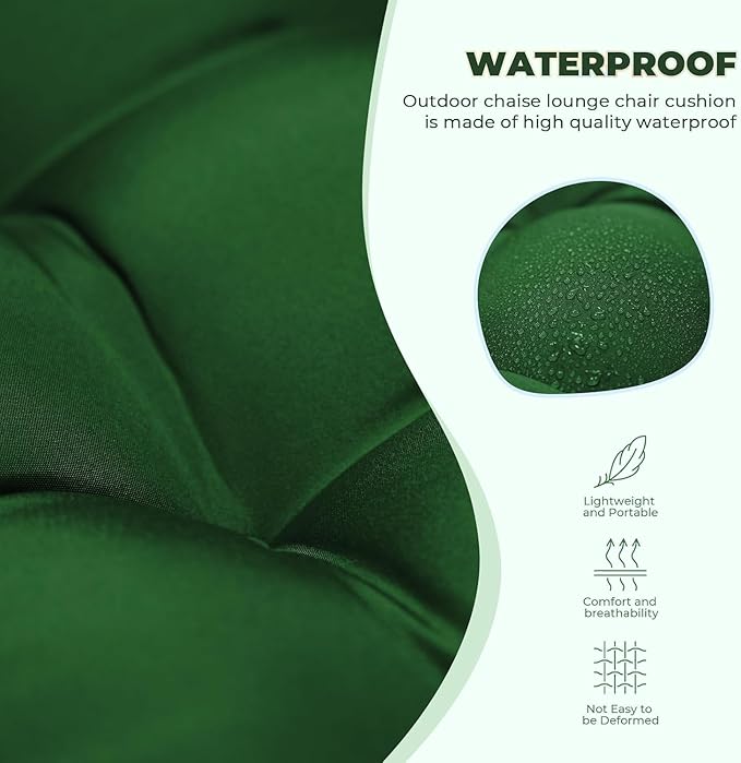 Waterproof Lounge Chair Cushion Outdoor for Chairs, Fade Resistant Chaise Lounger Replacement Cushions with 6 Ties, Thickened Memory Foam Pool Lounge Chair Cushions, 76 x 22 x 4.7 Inches, Green