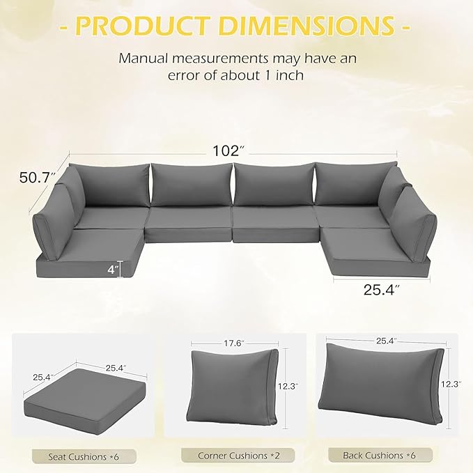 HOMREST Outdoor Replacement Cushions for Patio Furniture,Water-Repellent Sofa Cushion for 6-Seat Rattan Wicker Sectional Patio Conversation Sets,14-Piece Cushions Set for Outdoor Couch-Gray