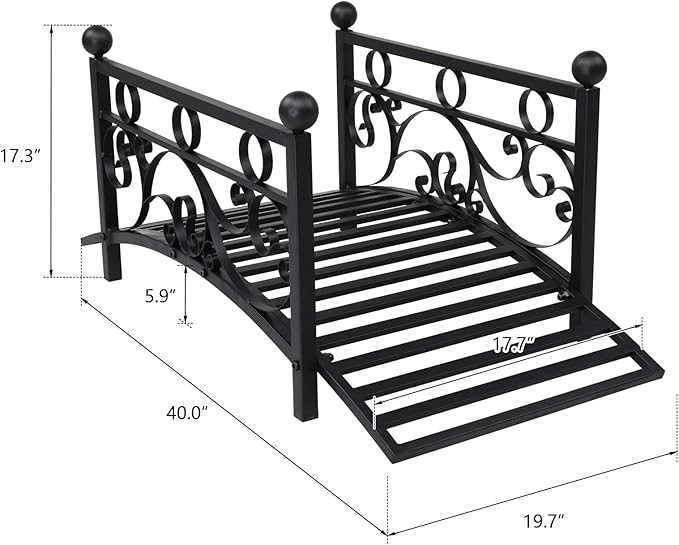 Outdoor Metal Arch Garden Bridge with Safety Siderails, Decorative Footbridge, Delicate Scrollwork & Corner Spheres for Stream