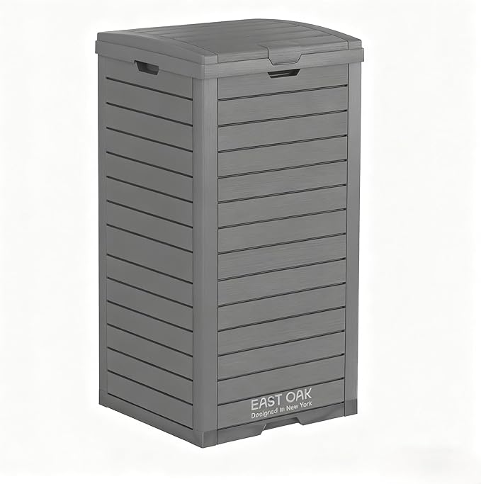 East Oak 38 Gallon Outdoor Trash Can | Waterproof Resin Garbage Can Featuring Tiered Lid & Drip Tray | Outside Trash Bin for Kitchen, Patio | Backyard & Deck | Gray Color