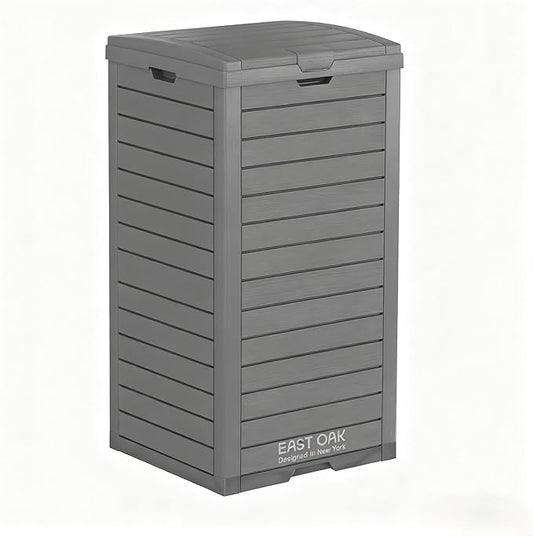 East Oak 38 Gallon Outdoor Trash Can | Waterproof Resin Garbage Can Featuring Tiered Lid & Drip Tray | Outside Trash Bin for Kitchen, Patio | Backyard & Deck | Gray Color