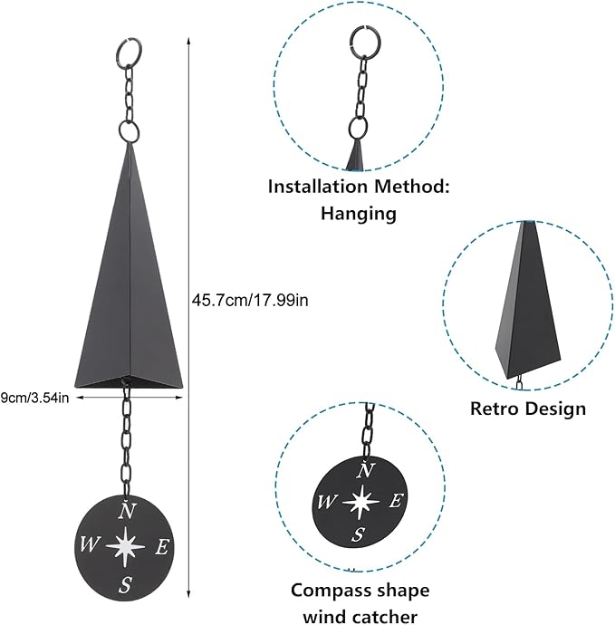 North Country Boothbay Harbor 3-Tone Windss Bell Chimes, Retro Design Iron Triangle Windss Bell with Compass, Creative Gift Windss for Indoor Outdoor Wall Ornament Home Porch Patio Garden Hanging