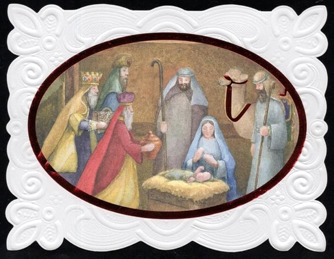 Poster Foundry Christmas Holiday Manger Scene Portfolio Boxed Note Cards by Carol Wilson. 10 embossed 4x5 Die-Cut Notecards and Matching Envelopes in Decorative Gift Box with Magnetic Flap. NCPX2605