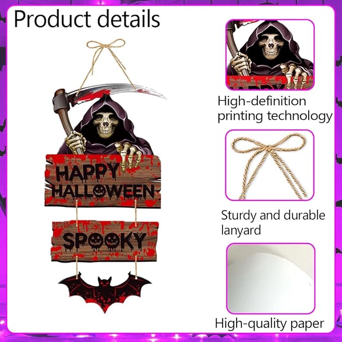 Happy Halloween Decorations Death Hanging Sign Front Door Hanger Wreath Decor Indoor Outdoor Decor for Halloween Party Home Farmhouse Wall Porch Yard Window Decoration Supplies