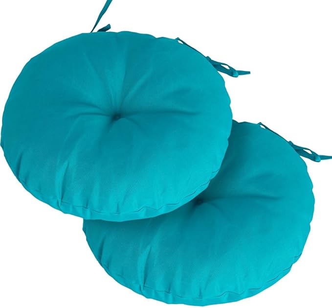 Magpie Fabrics Outdoor 15"x15"x4" Round Bistro Seat Cushions with Ties Set of 2, Tufted Waterproof Patio Floor Chair Pads for Home Garden Balcony Kitchen Office Porch, Teal