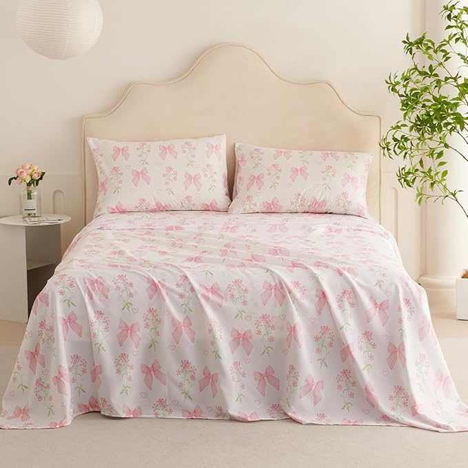 Pink Bow Sheet Set Queen Garden Floral Fitted Sheet Set for Girls Kids Soft Microfiber Fitted Flat Sheets & Pillowcases Cute Princess Style Bowknot Bedding Sets Toddlers 4 Pieces