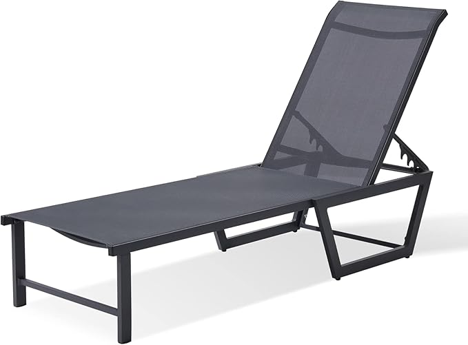 Outdoor Lounge Chair, No Assembly Patio Chaise Lounge Outdoor with 5-Positions, Aluminum Pool Lounge Chair with Portable Design for Pool, Beach, Deck, Backyard,(Grey)