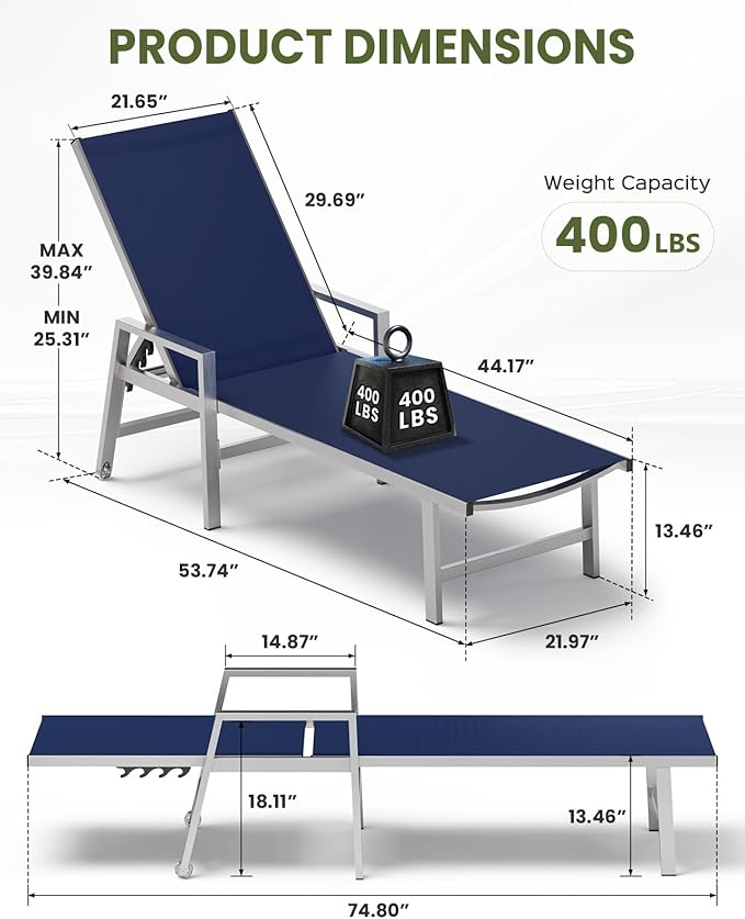Patio Chaise Lounge Outdoor Chair with Wheels&Armrests, Aluminum Pool Lounge Chairs 5-Position Adjustable Recliner, Outdoor Beach Lounge Chairs for Poolside, Patio, Deck, Yard, Navy Blue